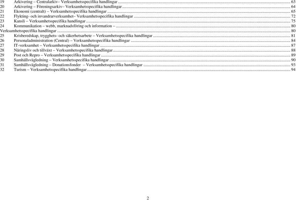 .. 80 Verksamhetsspecifika handlingar... 80 25 Krisberedskap, trygghets och säkerhetsarbete Verksamhetsspecifika handlingar... 81 26 Personaladministration (Central) Verksamhetsspecifika handlingar.