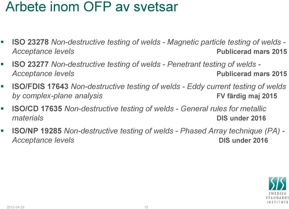 welds - Eddy current testing of welds by complex-plane analysis FV färdig maj 2015 ISO/CD 17635 Non-destructive testing of welds - General rules for