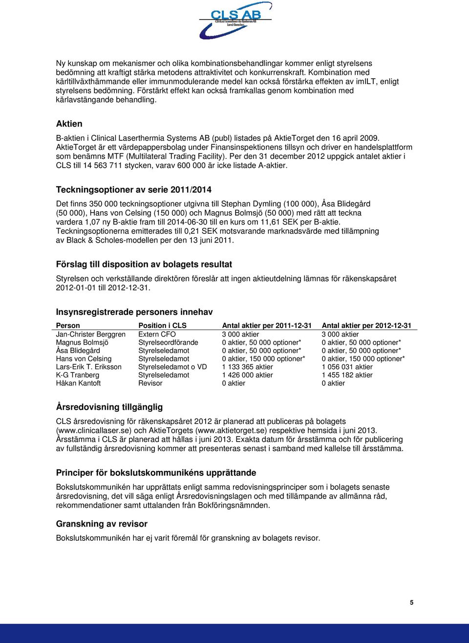 Förstärkt effekt kan också framkallas genom kombination med kärlavstängande behandling. Aktien B-aktien i Clinical Laserthermia Systems AB (publ) listades på AktieTorget den 16 april 2009.