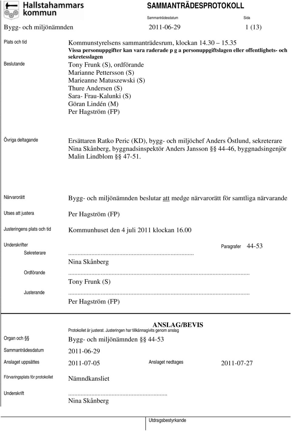 Ratko Peric (KD), bygg- och miljöchef Anders Östlund, sekreterare Nina Skånberg, byggnadsinspektör Anders Jansson 44-46, byggnadsingenjör Malin Lindblom 47-51.