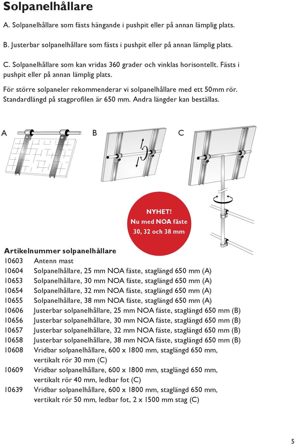 Standardlängd på stagprofilen är 650 mm. Andra längder kan beställas. A B C NYHET!