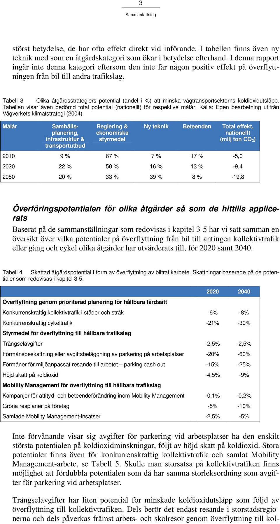 Tabell 3 Olika åtgärdsstrategiers potential (andel i %) att minska vägtransportsektorns koldioxidutsläpp. Tabellen visar även bedömd total potential (nationellt) för respektive målår.