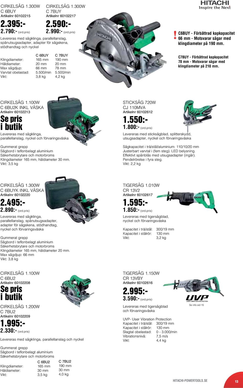 Klingdiameter: Håldiameter: Max sågdjup: C 6BUY 165 mm 20 mm 66 mm 5.500/min 3,8 kg C 7BUY 190 mm 20 mm 78 mm 5.