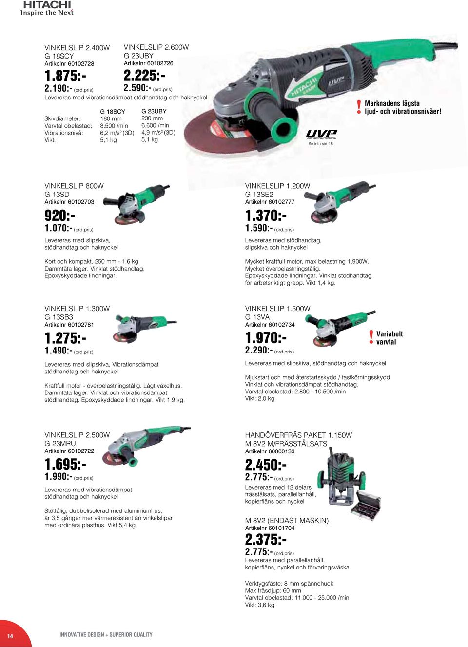 600 /min 4,9 m/s 2 (3D) 5,1 kg Se info sid 15 Marknadens lägsta ljud- och vibrationsnivåer! VINKELSLIP 800W G 13SD Artikelnr 60102703 920:- 1.070:- (ord.