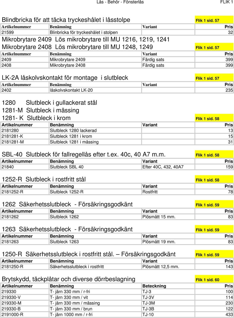 57 2409 Mikrobrytare 2409 Färdig sats 399 2408 Mikrobrytare 2408 Färdig sats 399 LK-2A låskolvskontakt för montage i slutbleck Flik 1 sid.