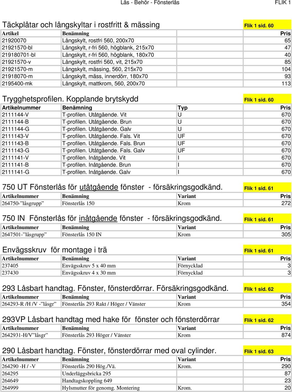 rostfri 560, vit, 215x70 85 21921570-m Långskylt, mässing, 560, 215x70 104 21918070-m Långskylt, mäss, innerdörr, 180x70 93 2195400-mk Långskylt, mattkrom, 560, 200x70 113 Trygghetsprofilen.