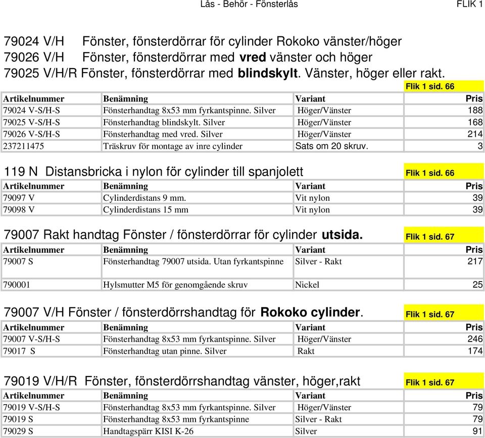 Silver Höger/Vänster 168 79026 V-S/H-S Fönsterhandtag med vred. Silver Höger/Vänster 214 237211475 Träskruv för montage av inre cylinder Sats om 20 skruv.