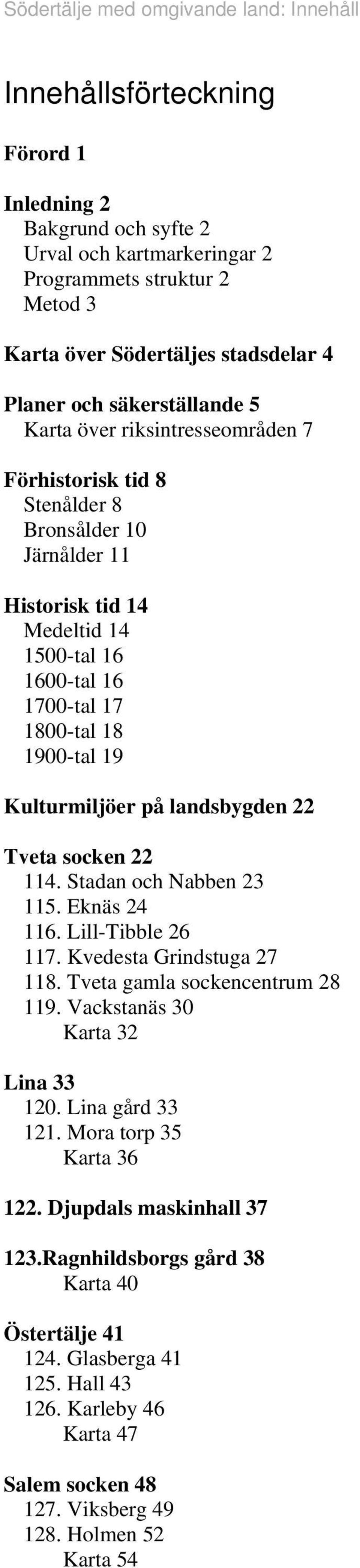 8 00-tal Kulturmiljöer på landsbygden Tveta socken. Stadan och Nabben 3. Eknäs 6. Lill-Tibble 6. Kvedesta Grindstuga 8. Tveta gamla sockencentrum 8.