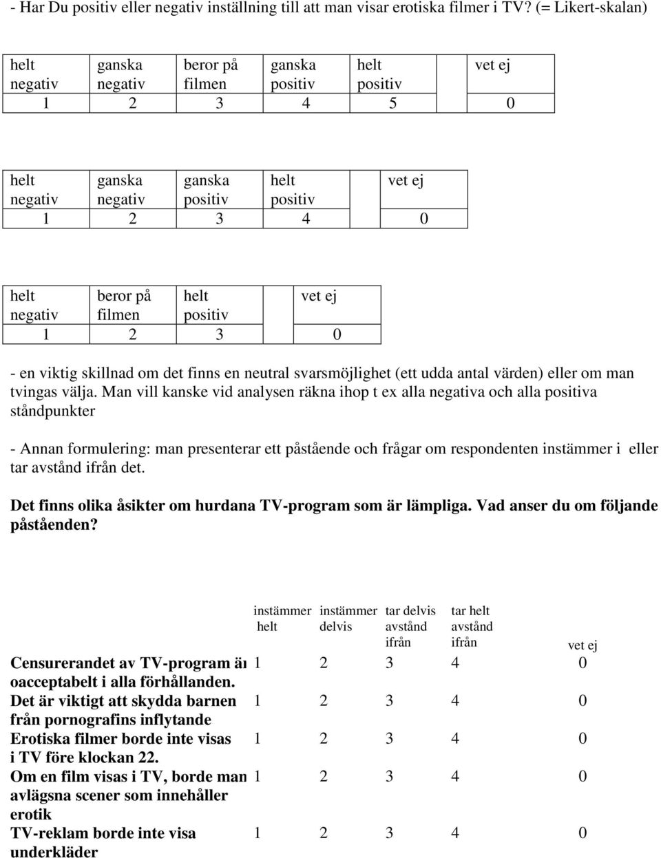 helt vet ej negativ filmen positiv 1 2 3 0 - en viktig skillnad om det finns en neutral svarsmöjlighet (ett udda antal värden) eller om man tvingas välja.