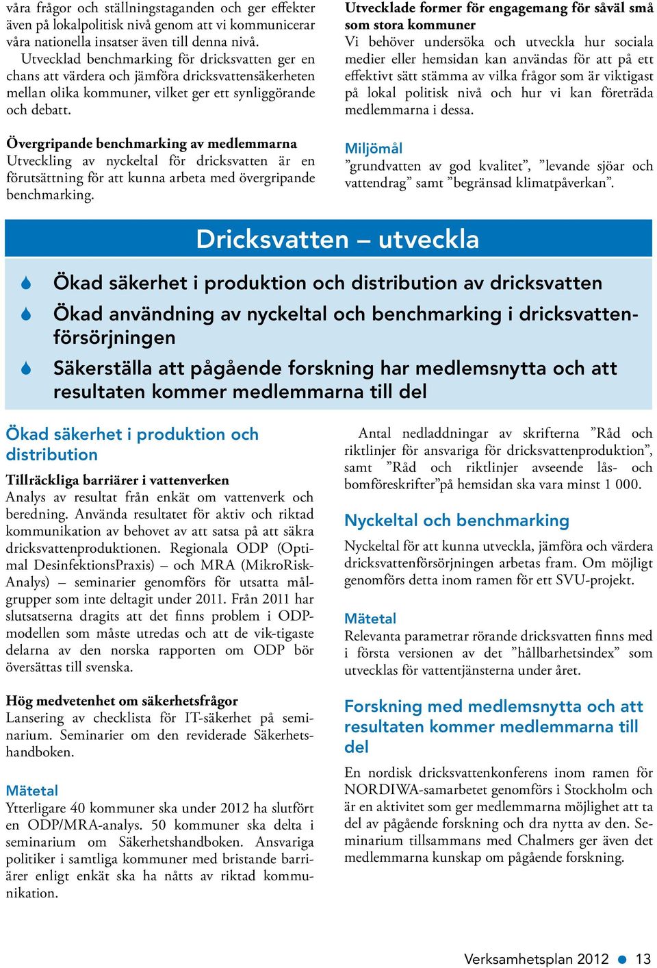 Övergripande benchmarking av medlemmarna Utveckling av nyckeltal för dricksvatten är en förutsättning för att kunna arbeta med övergripande benchmarking.
