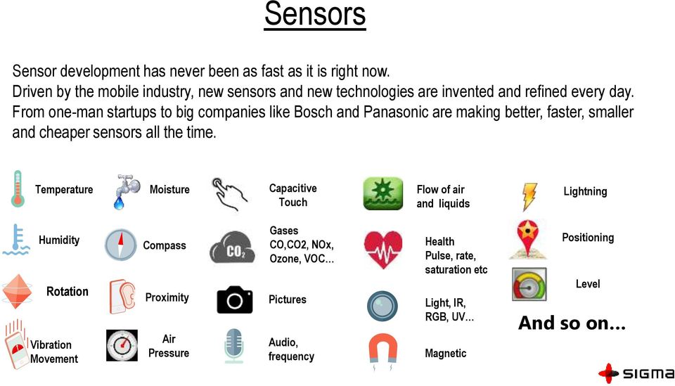 From one-man startups to big companies like Bosch and Panasonic are making better, faster, smaller and cheaper sensors all the time.
