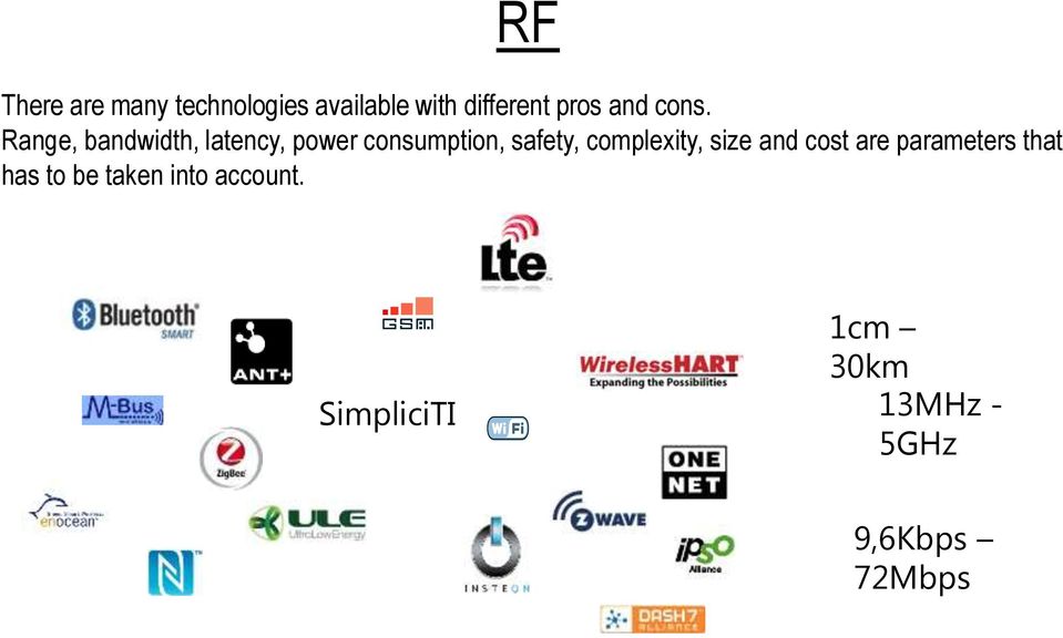 Range, bandwidth, latency, power consumption, safety,