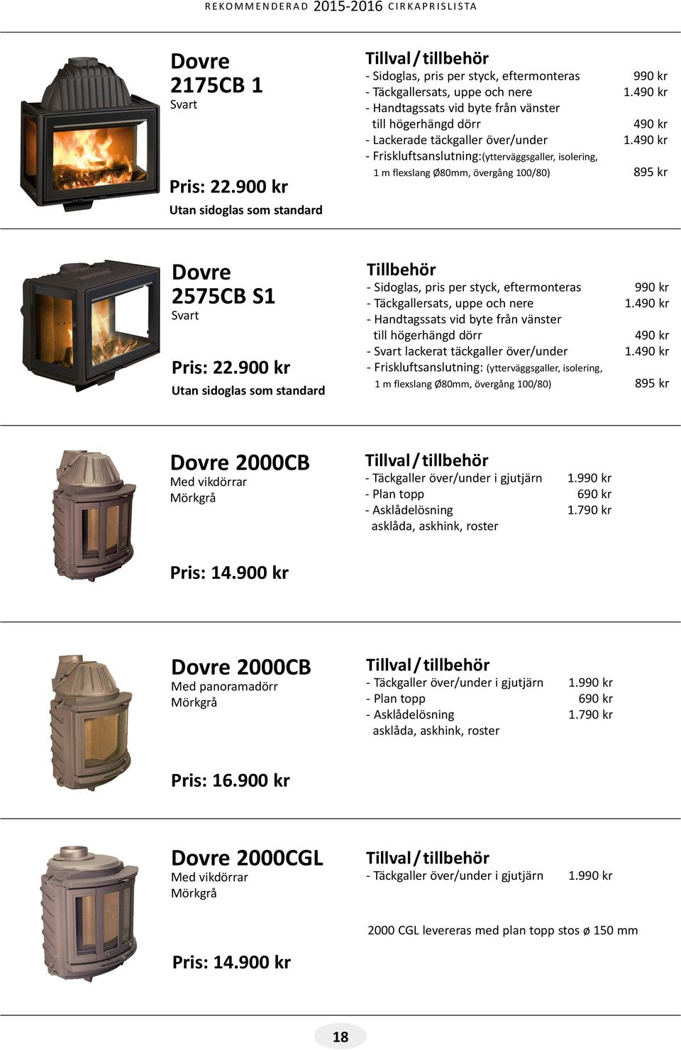 900 kr Utan sidoglas som standard Tillbehör - Sidoglas, pris per styck, eftermonteras 990 kr - Täckgallersats, uppe och nere 1.