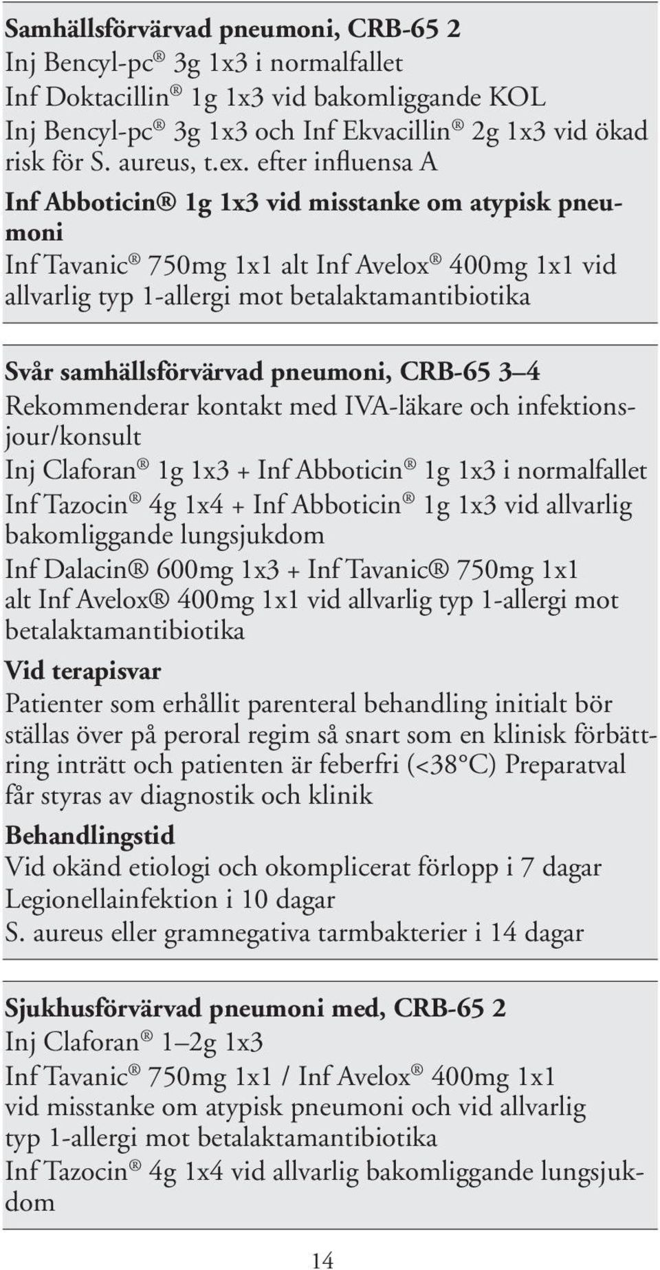 pneumoni, CRB-65 3 4 Rekommenderar kontakt med IVA-läkare och infektionsjour/konsult Inj Claforan 1g 1x3 + Inf Abboticin 1g 1x3 i normalfallet Inf Tazocin 4g 1x4 + Inf Abboticin 1g 1x3 vid allvarlig