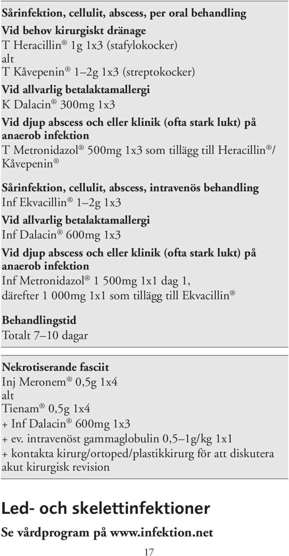 behandling Inf Ekvacillin 1 2g 1x3 Vid allvarlig betalaktamallergi Inf Dalacin 600mg 1x3 Vid djup abscess och eller klinik (ofta stark lukt) på anaerob infektion Inf Metronidazol 1 1x1 dag 1,