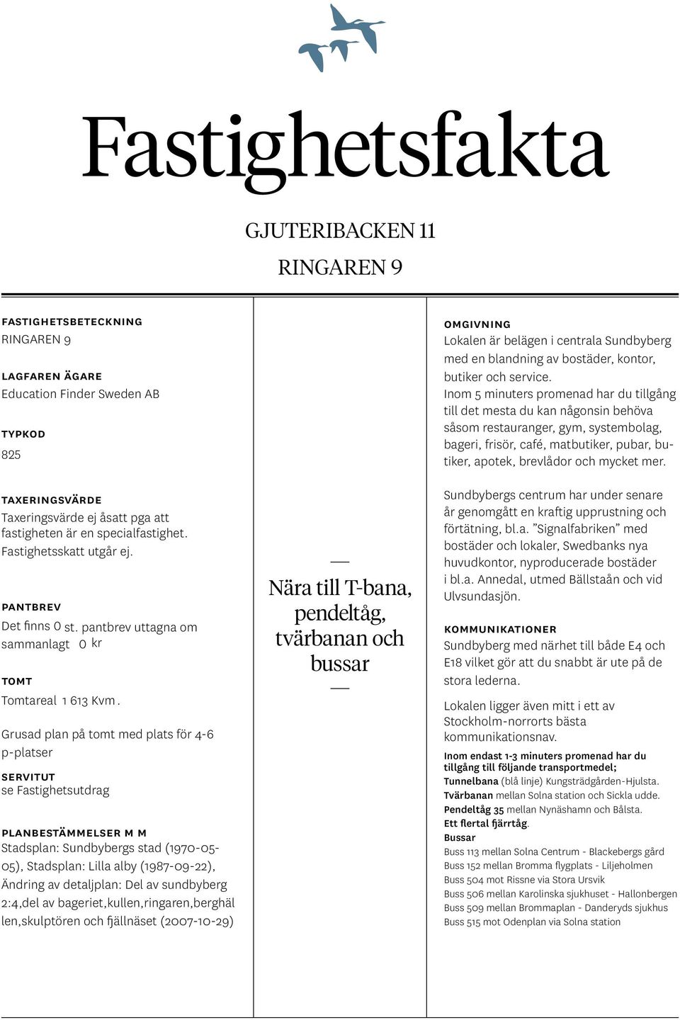 Grusad plan på tomt med plats för 4-6 p-platser servitut se Fastighetsutdrag planbestämmelser m m Stadsplan: Sundbybergs stad (1970-05- 05), Stadsplan: Lilla alby (1987-09-22), Ändring av detaljplan: