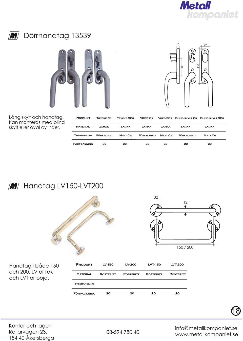 Cr Förkromad Förkromad 135 67 29 Blind skylt SCr Zamak Matt Cr Handtag LV150-LVT200 32 12 150 / 200
