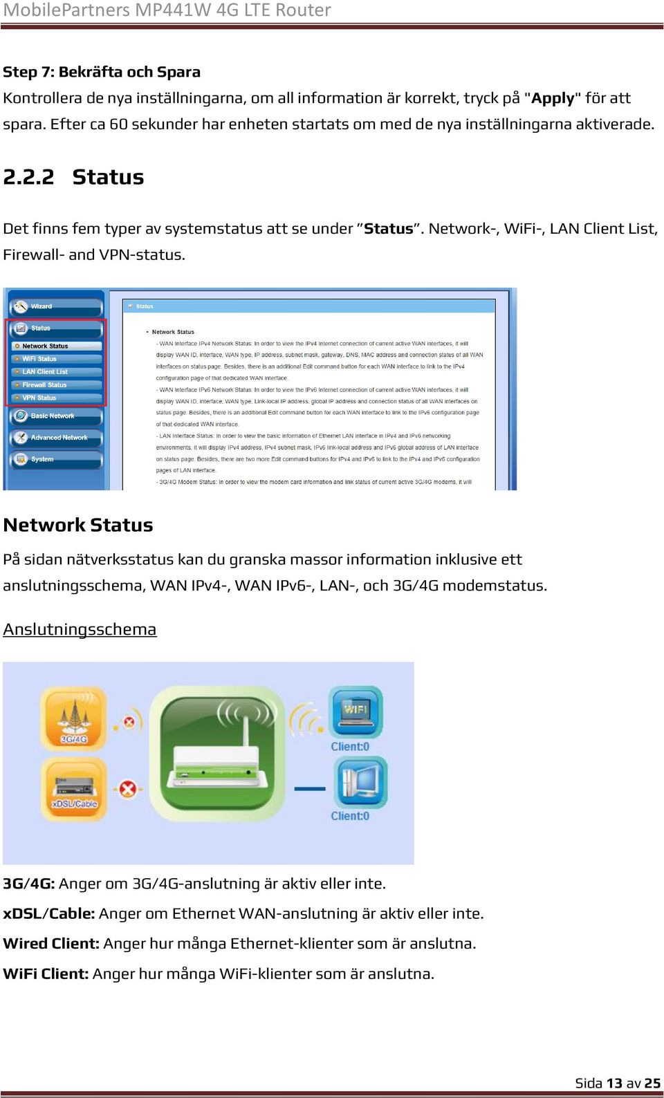 Network-, WiFi-, LAN Client List, Firewall- and VPN-status.