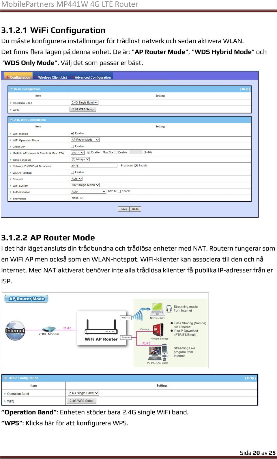 2 AP Router Mode I det här läget ansluts din trådbundna och trådlösa enheter med NAT. Routern fungerar som en WiFi AP men också som en WLAN-hotspot.