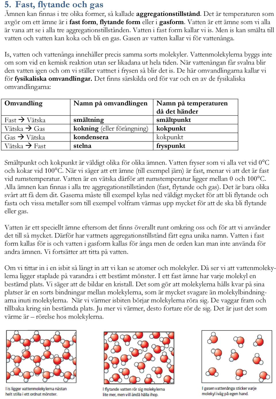 Gasen av vatten kallar vi för vattenånga. Is, vatten och vattenånga innehåller precis samma sorts molekyler. Vattenmolekylerna byggs inte om som vid en kemisk reaktion utan ser likadana ut hela tiden.