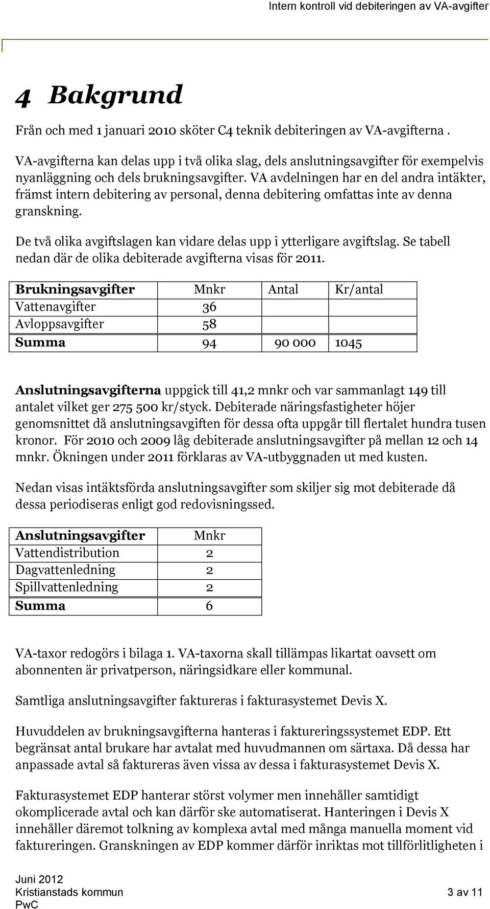 VA avdelningen har en del andra intäkter, främst intern debitering av personal, denna debitering omfattas inte av denna granskning.