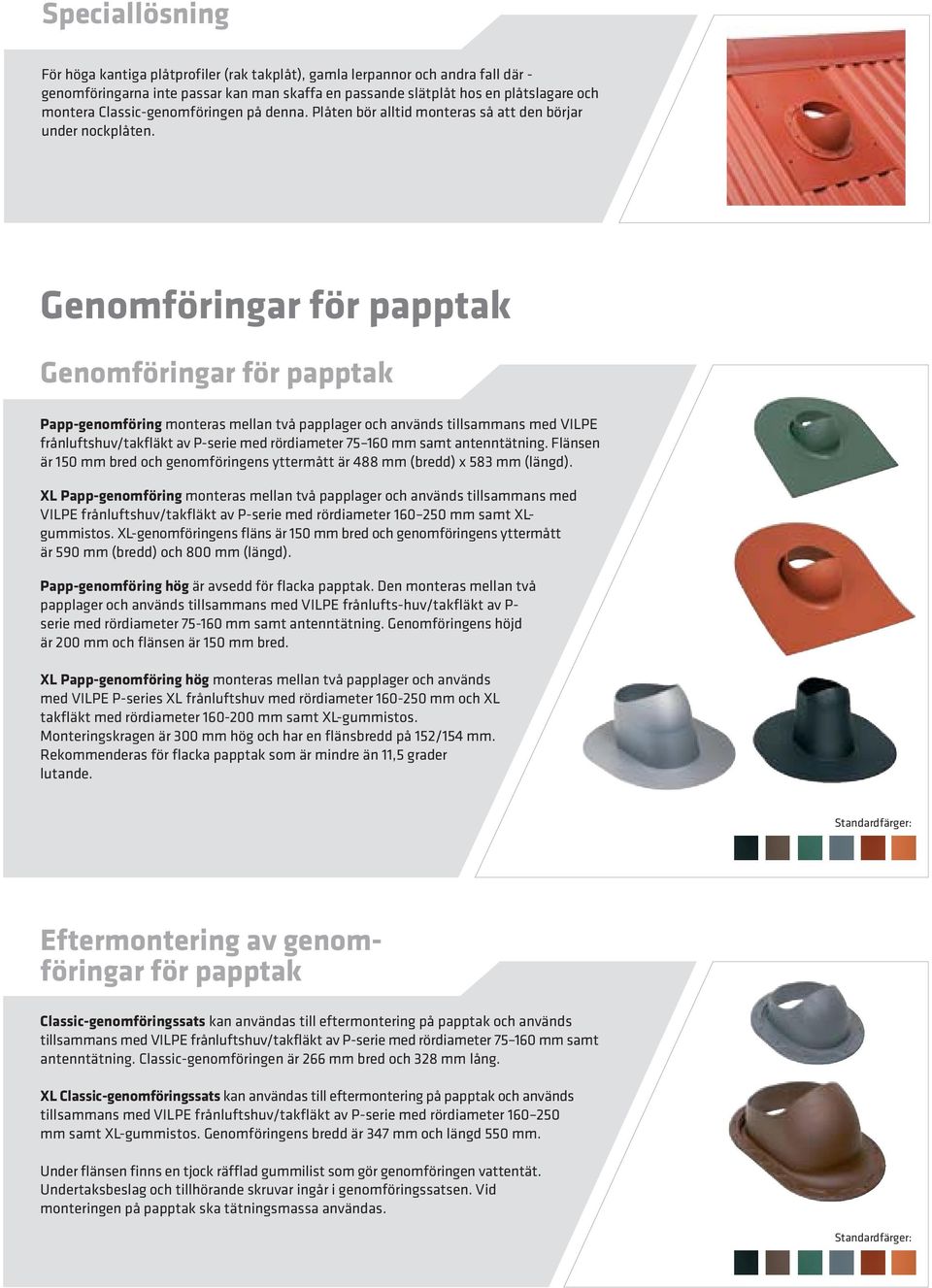 Genomföringar för papptak Genomföringar för papptak Papp-genomföring monteras mellan två papplager och används tillsammans med VILPE frånluftshuv/takfläkt av P-serie med rördiameter 75 160 mm samt