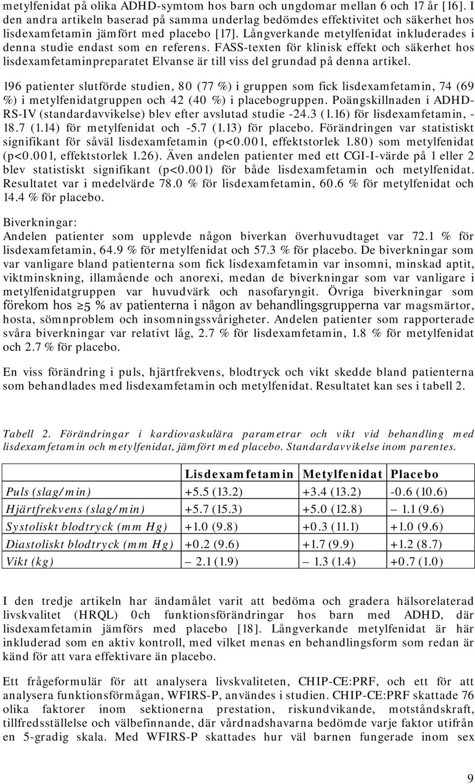 Långverkande metylfenidat inkluderades i denna studie endast som en referens.