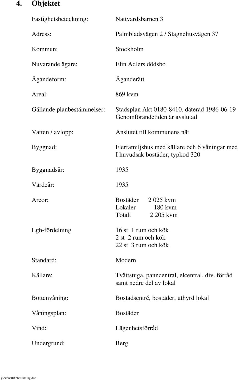 huvudsak bostäder, typkod 320 Byggnadsår: 1935 Värdeår: 1935 Areor: Bostäder 2 025 kvm Lokaler 180 kvm Totalt 2 205 kvm Lgh-fördelning Standard: Källare: Bottenvåning: Våningsplan: Vind: Undergrund: