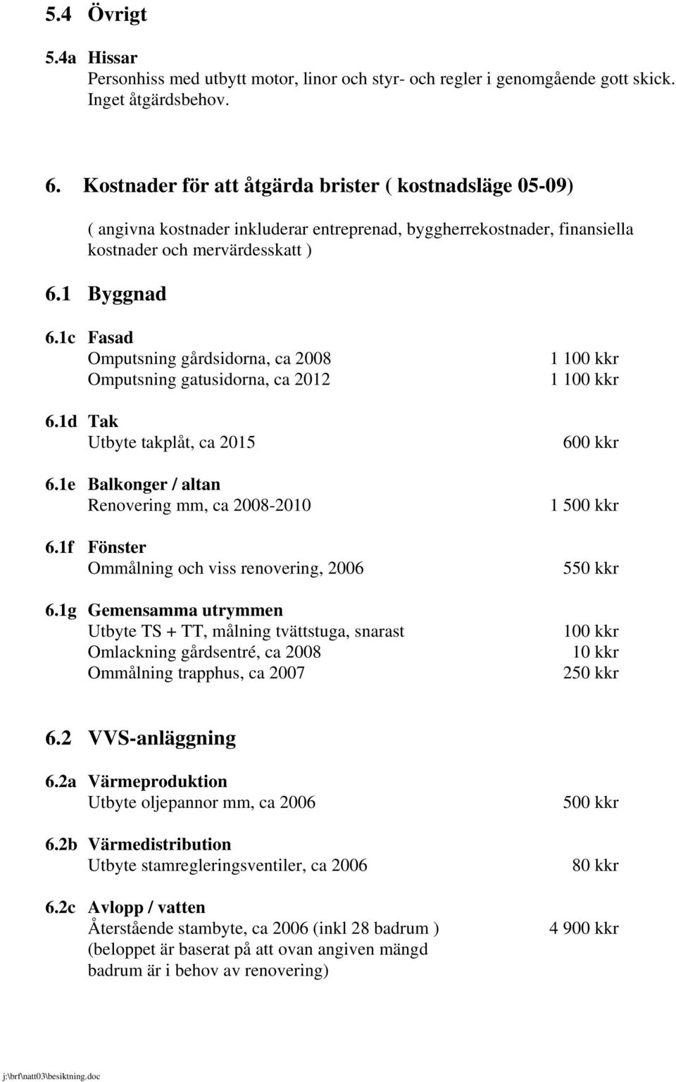1c Fasad Omputsning gårdsidorna, ca 2008 Omputsning gatusidorna, ca 2012 6.1d Tak Utbyte takplåt, ca 2015 6.1e Balkonger / altan Renovering mm, ca 2008-2010 6.
