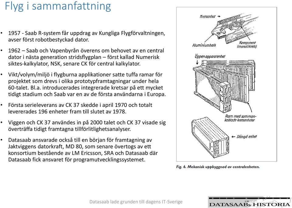 Vikt/volym/miljö i flygburna applikationer satte tuffa ramar för projektet som drevs i olika prototypframtagningar under hela 60-talet. Bl.a. introducerades integrerade kretsar på ett mycket tidigt stadium och Saab var en av de första användarna i Europa.
