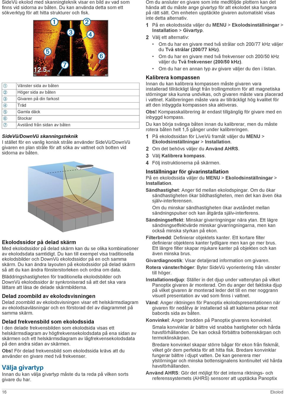 använder SideVü/DownVü givaren en plan stråle för att söka av vattnet och botten vid sidorna av båten.