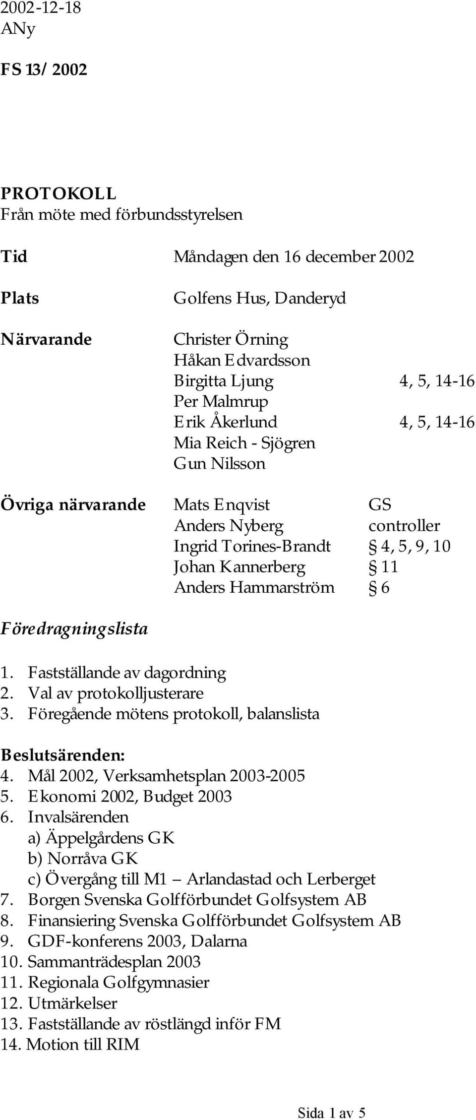 Hammarström 6 Föredragningslista 1. Fastställande av dagordning 2. Val av protokolljusterare 3. Föregående mötens protokoll, balanslista Beslutsärenden: 4. Mål 2002, Verksamhetsplan 2003-2005 5.