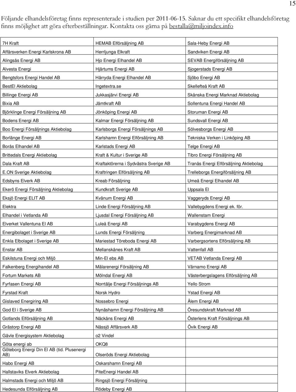 info 15 7H Kraft HEMAB Elförsäljning AB Sala-Heby Energi AB Affärsverken Energi Karlskrona AB Herrljunga Elkraft Sandviken Energi AB Alingsås Energi AB Hjo Energi Elhandel AB SEVAB Energiförsäljning