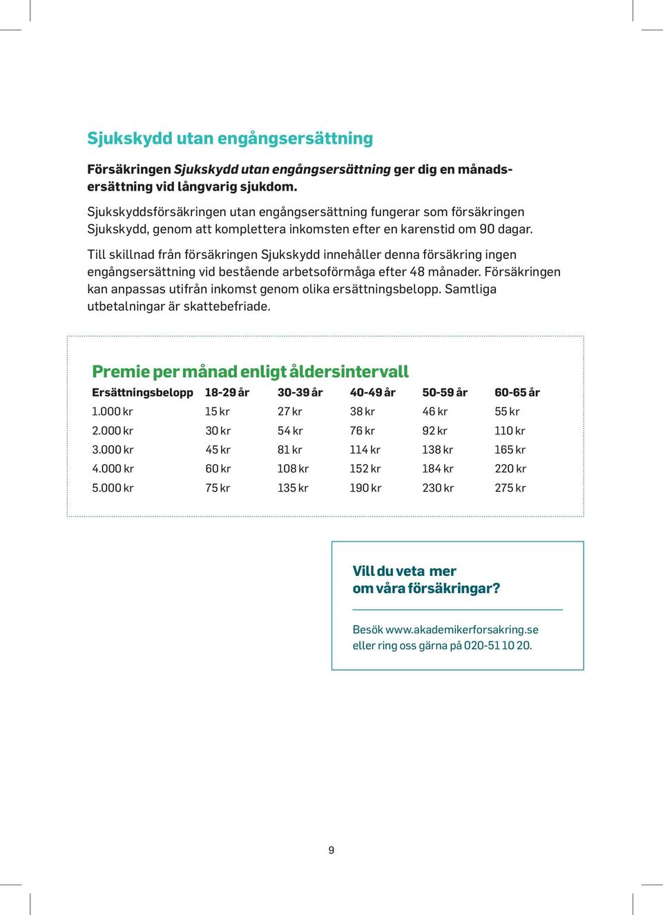 Till skillnad från försäkringen Sjukskydd innehåller denna försäkring ingen engångsersättning vid bestående arbetsoförmåga efter 48 månader.