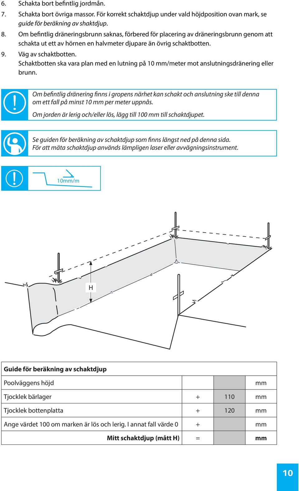 Schaktbotten ska vara plan med en lutning på 10 mm/meter mot anslutningsdränering eller brunn.