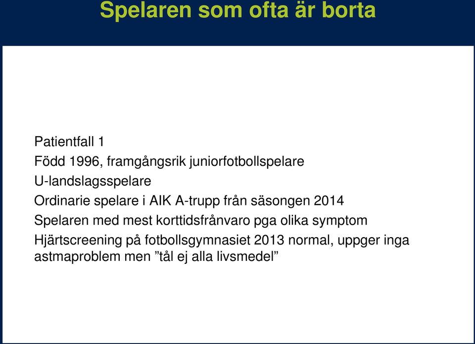 säsongen 2014 Spelaren med mest korttidsfrånvaro pga olika symptom