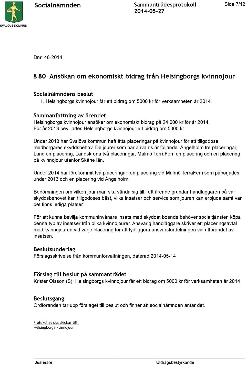 Under 2013 har Svalövs kommun haft åtta placeringar på kvinnojour för att tillgodose medborgares skyddsbehov.