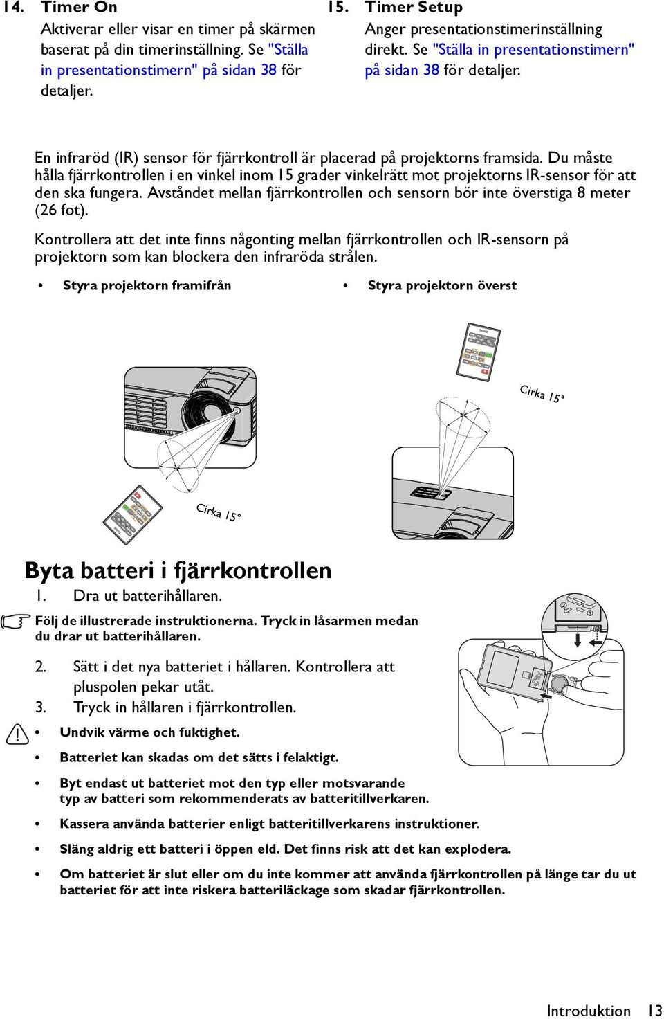 Du måste hålla fjärrkontrollen i en vinkel inom 15 grader vinkelrätt mot projektorns IR-sensor för att den ska fungera.