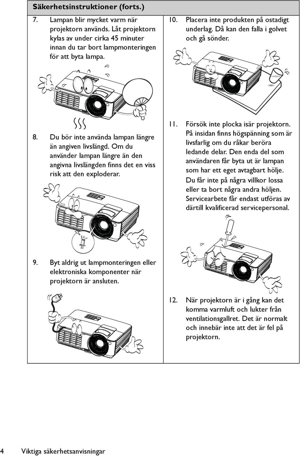 Om du använder lampan längre än den angivna livslängden finns det en viss risk att den exploderar. 11. Försök inte plocka isär projektorn.