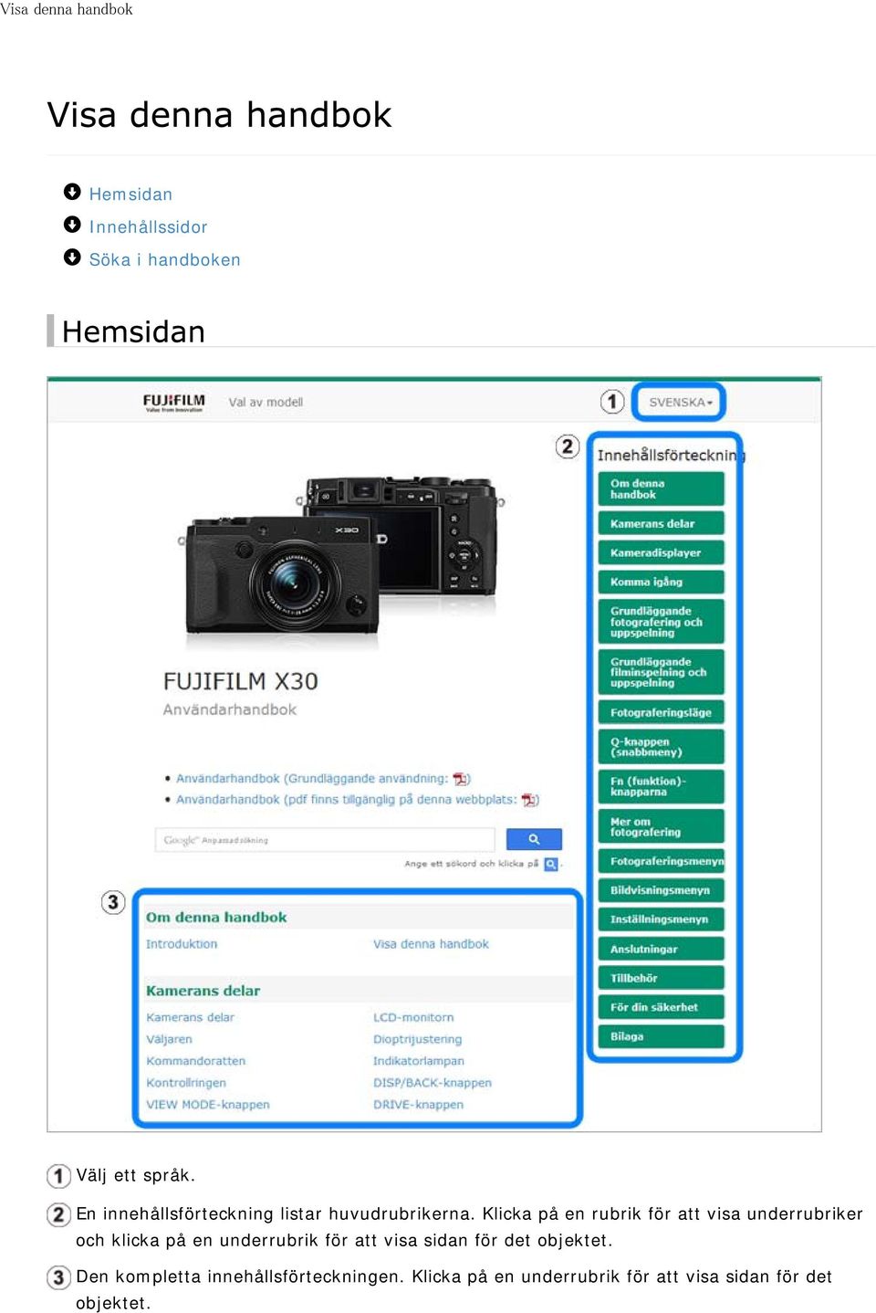 Klicka på en rubrik för att visa underrubriker och klicka på en underrubrik för att