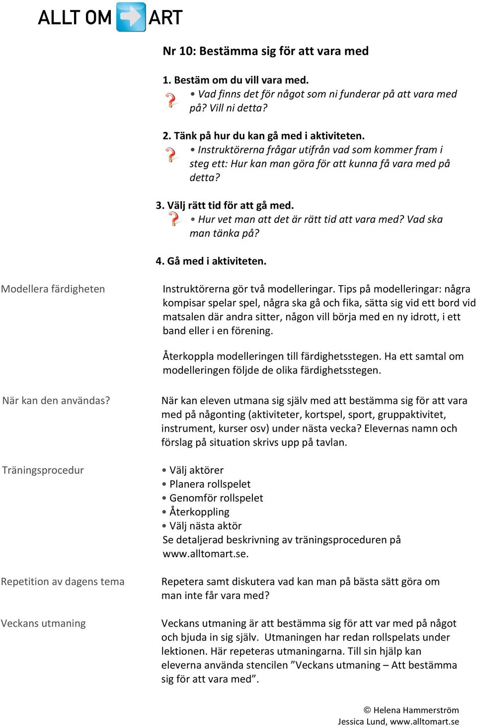 Vad ska man tänka på? 4. Gå med i aktiviteten. Modellera färdigheten Instruktörerna gör två modelleringar.