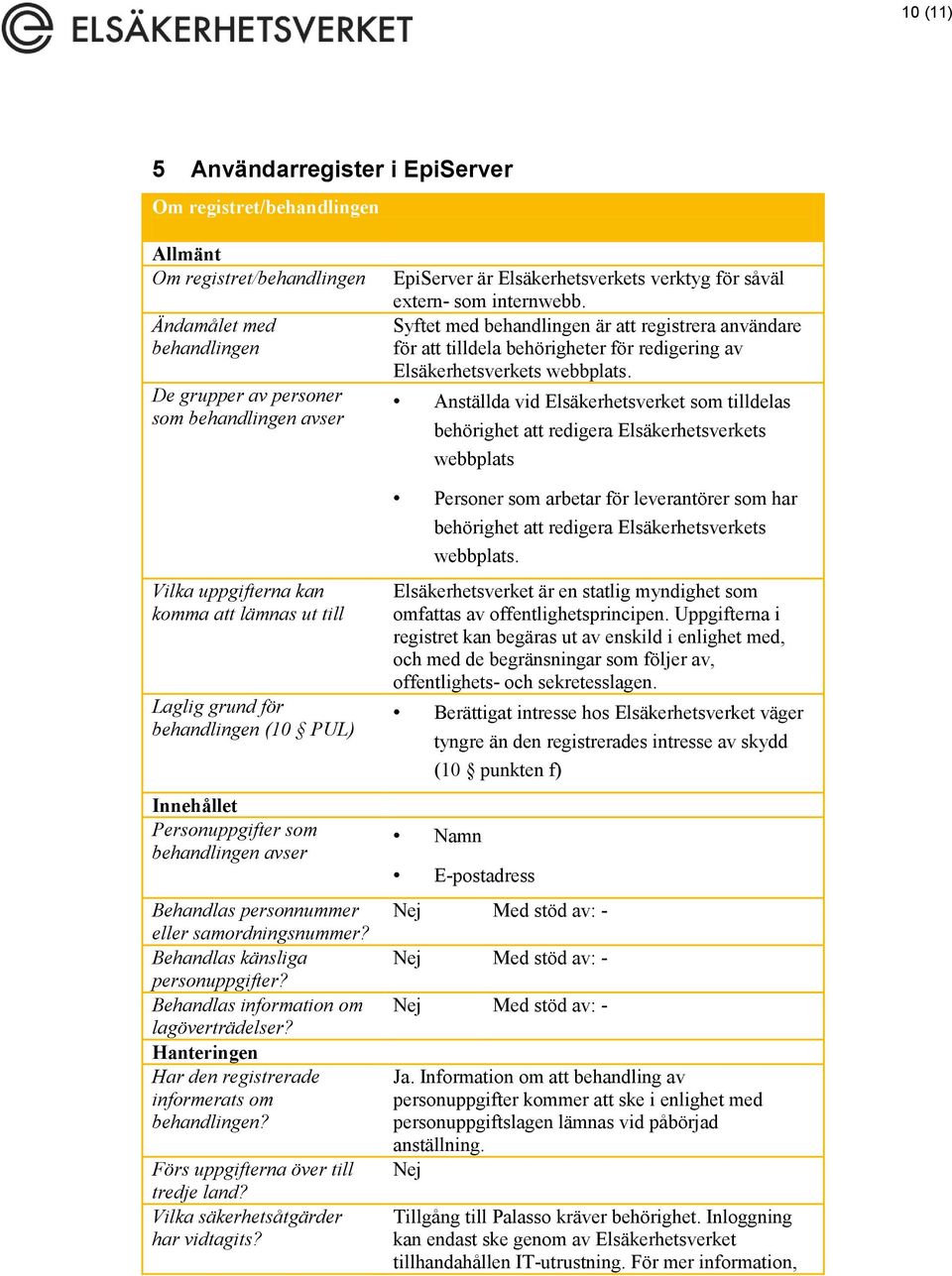 Hanteringen Har den registrerade informerats om behandlingen? Förs uppgifterna över till tredje land? Vilka säkerhetsåtgärder har vidtagits?