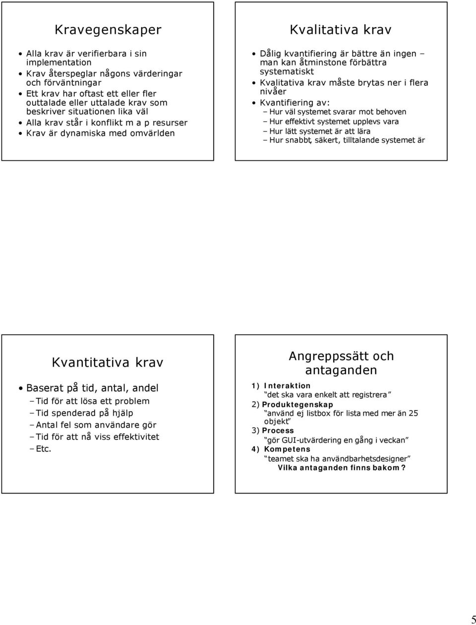 Kvalitativa krav måste brytas ner i flera nivåer Kvantifiering av: Hur väl systemet svarar mot behoven Hur effektivt systemet upplevs vara Hur lätt systemet är att lära Hur snabbt, säkert,