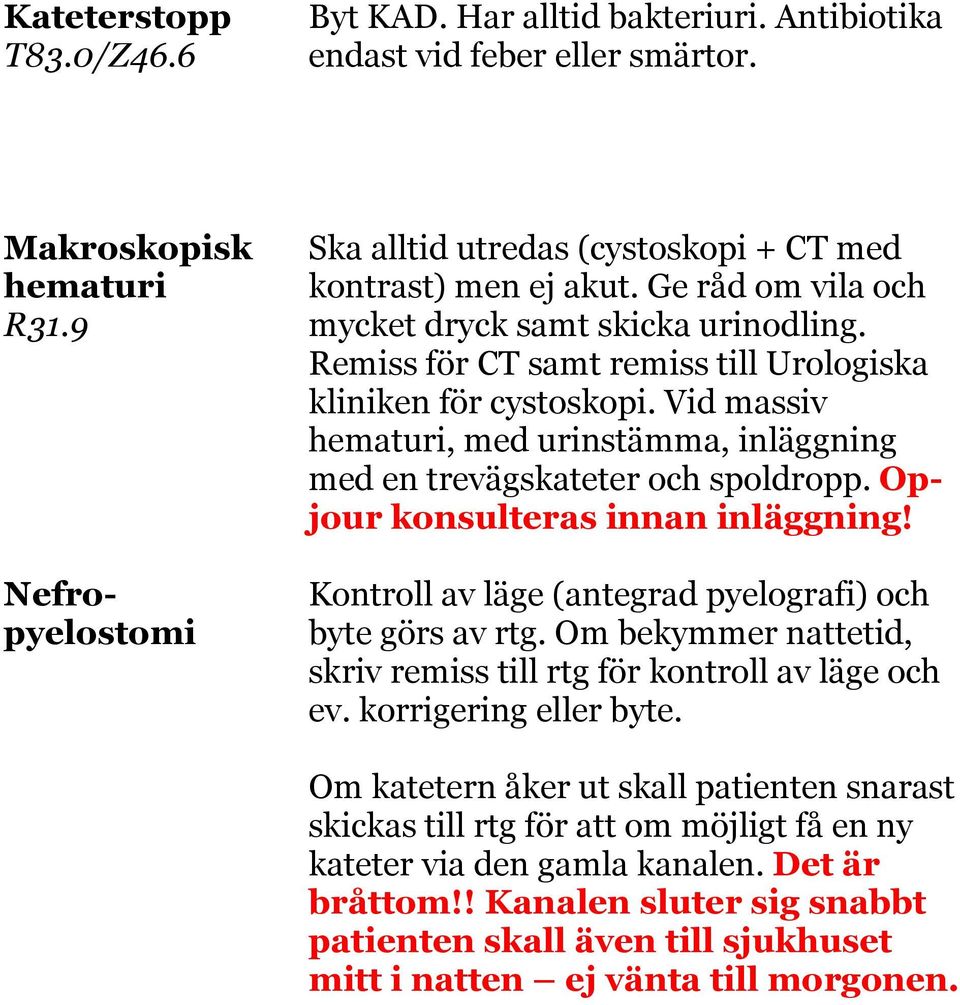 Vid massiv hematuri, med urinstämma, inläggning med en trevägskateter och spoldropp. Opjour konsulteras innan inläggning! Nefropyelostomi Kontroll av läge (antegrad pyelografi) och byte görs av rtg.