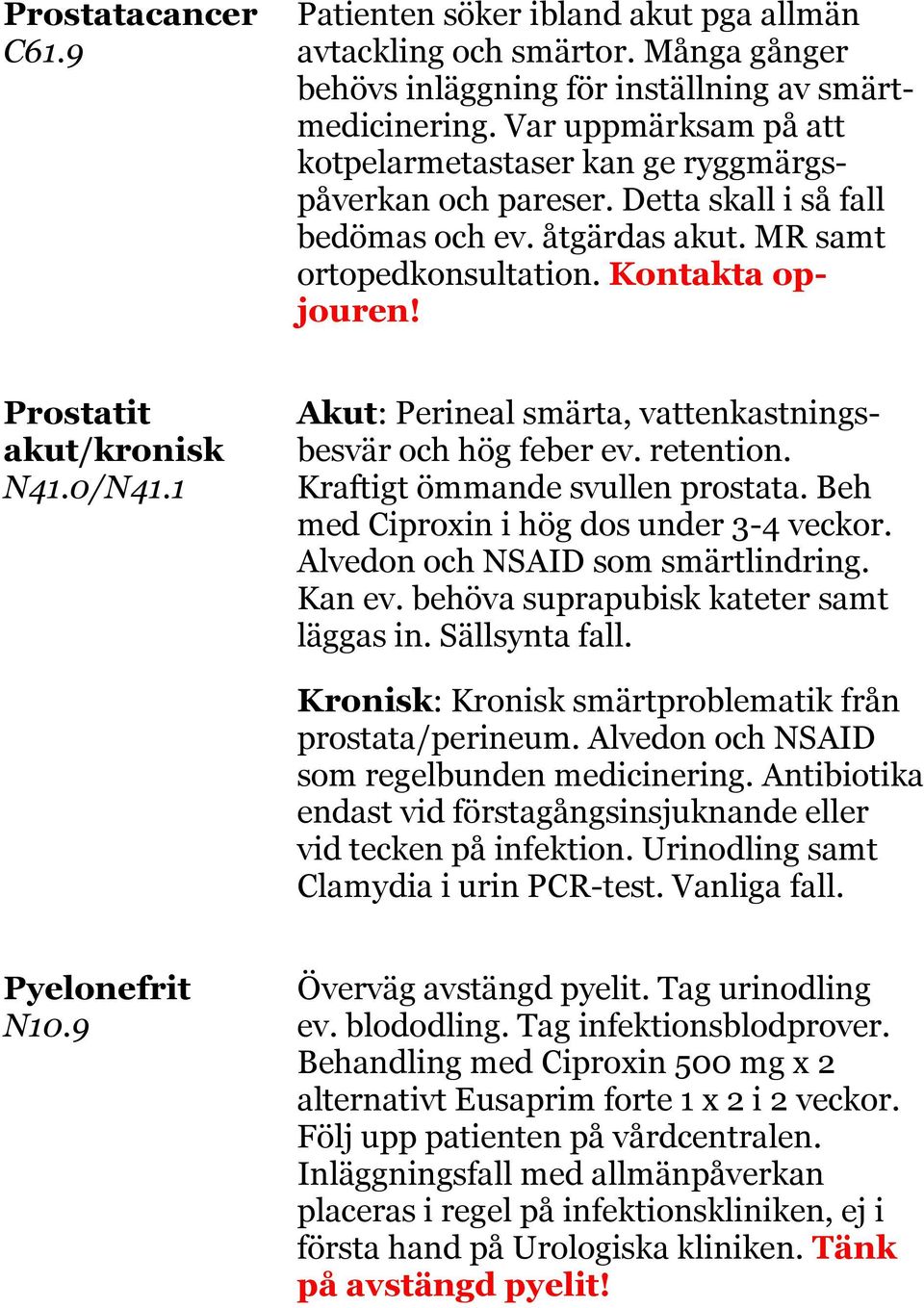 Prostatit akut/kronisk N41.0/N41.1 Akut: Perineal smärta, vattenkastningsbesvär och hög feber ev. retention. Kraftigt ömmande svullen prostata. Beh med Ciproxin i hög dos under 3-4 veckor.