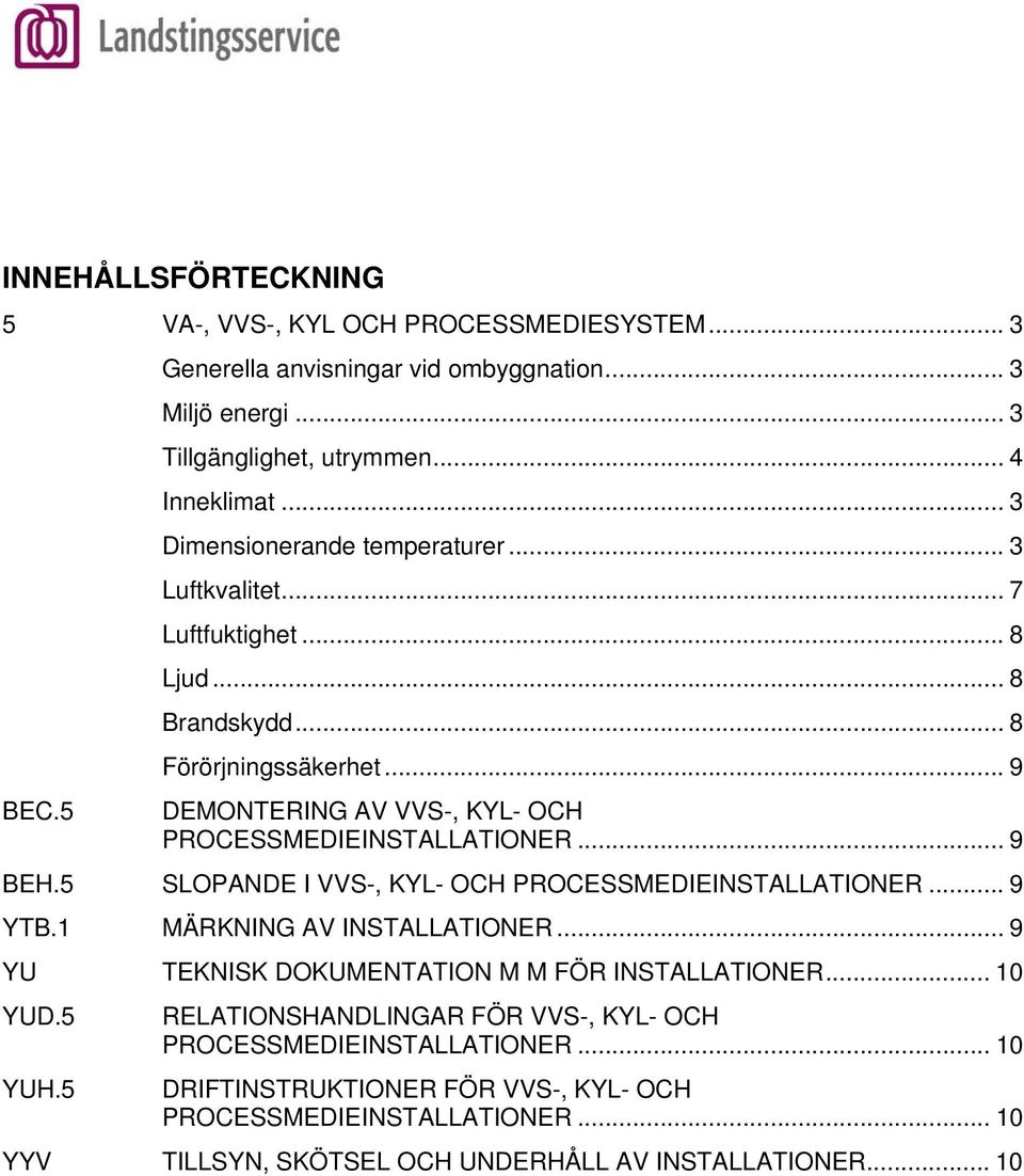 .. 9 BEH.5 SLOPANDE I VVS-, KYL- OCH PROCESSMEDIEINSTALLATIONER... 9 YTB.1 MÄRKNING AV INSTALLATIONER... 9 YU TEKNISK DOKUMENTATION M M FÖR INSTALLATIONER... 10 YUD.5 YUH.