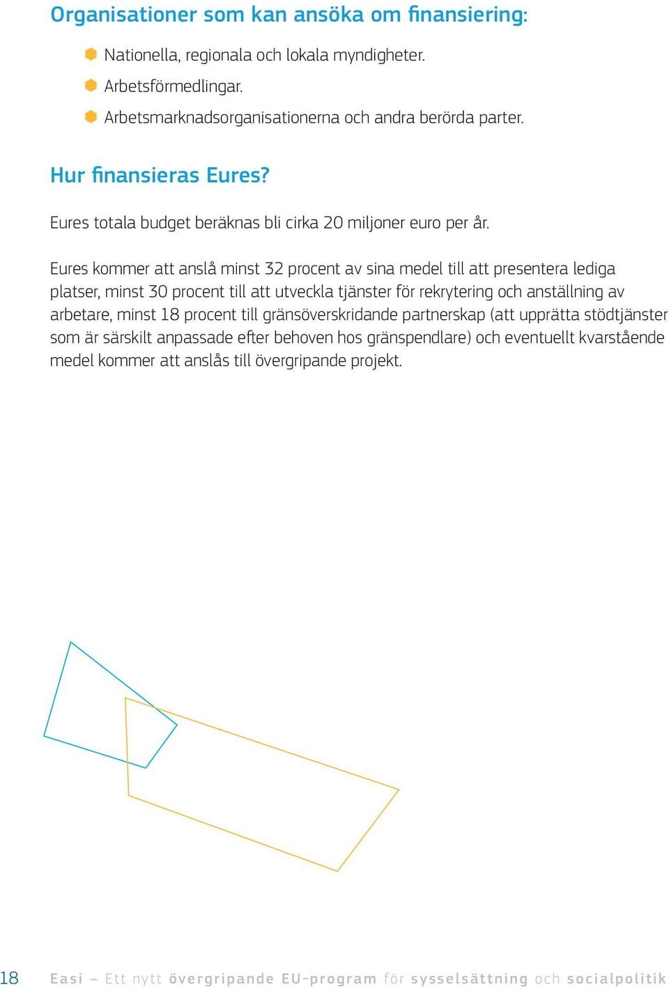 Eures kommer att anslå minst 32 procent av sina medel till att presentera lediga platser, minst 30 procent till att utveckla tjänster för rekrytering och anställning av arbetare,