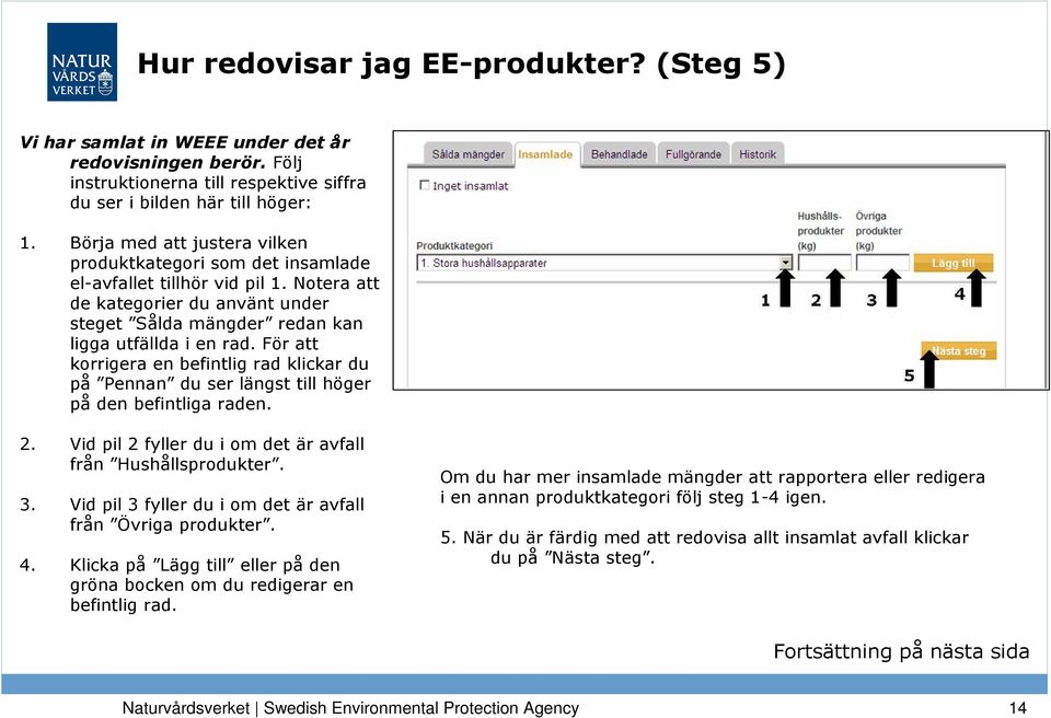 För att korrigera en befintlig rad klickar du på Pennan du ser längst till höger på den befintliga raden. 2. Vid pil 2 fyller du i om det är avfall från Hushållsprodukter. 3.