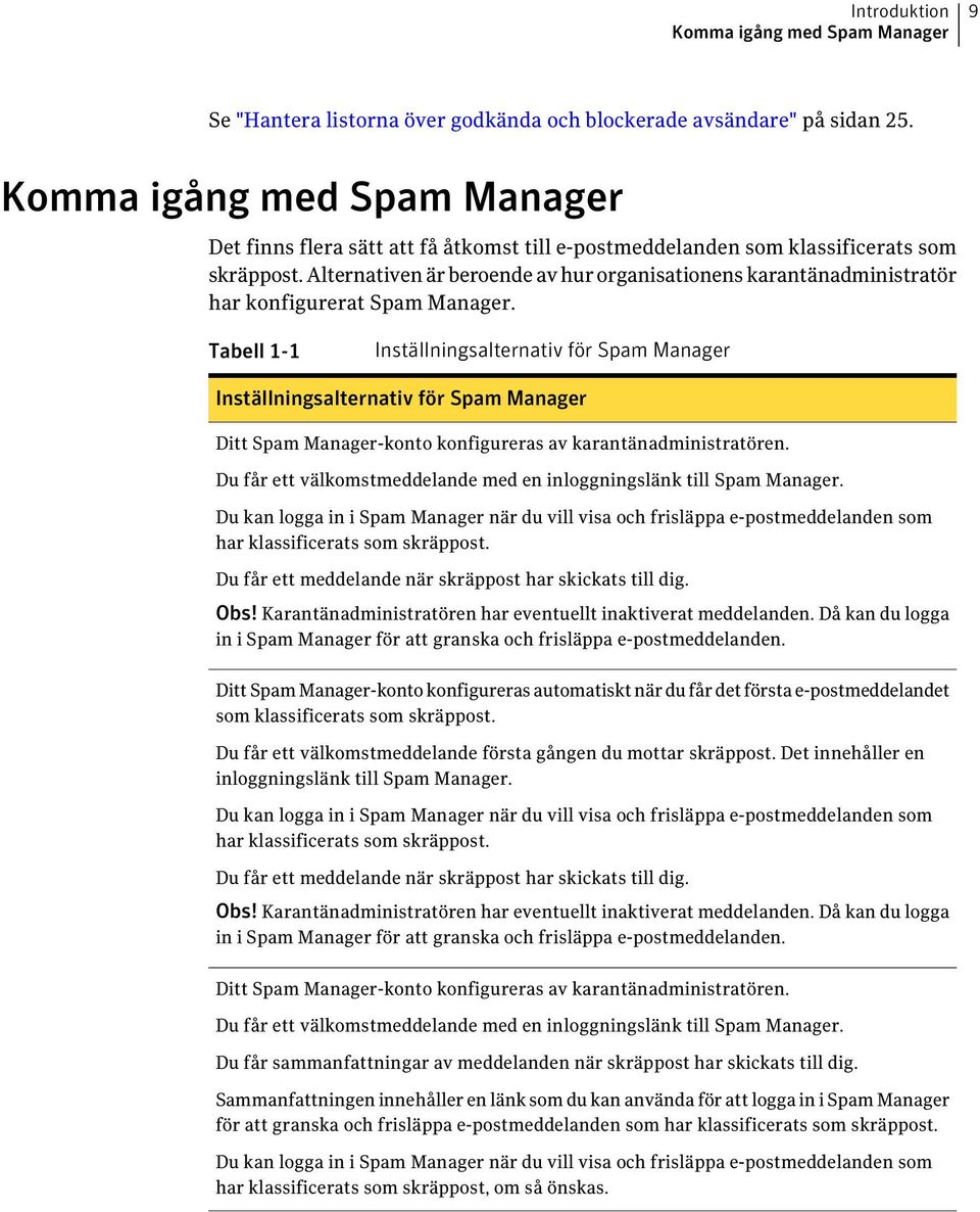 Alternativen är beroende av hur organisationens karantänadministratör har konfigurerat Spam Manager.