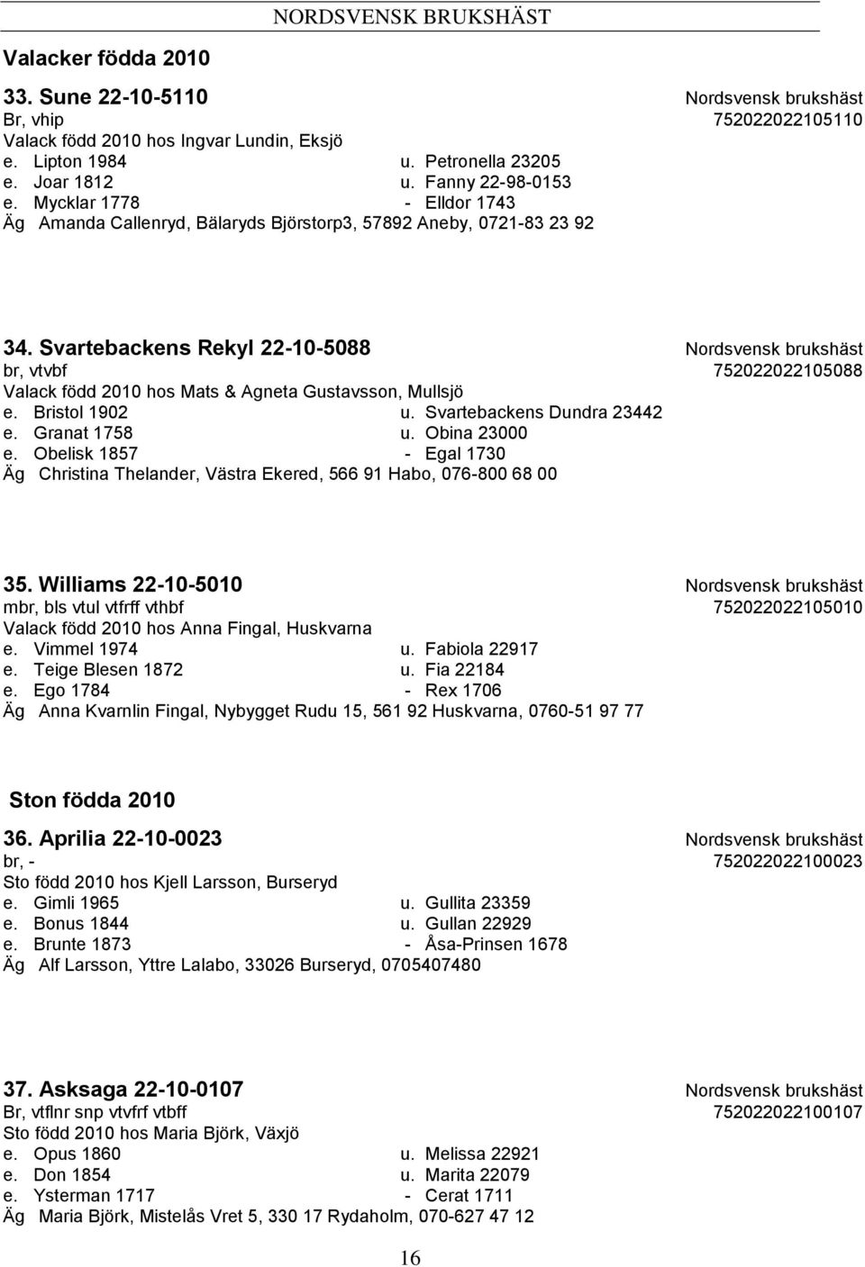 Svartebackens Rekyl 22-10-5088 Nordsvensk brukshäst br, vtvbf 752022022105088 Valack född 2010 hos Mats & Agneta Gustavsson, Mullsjö e. Bristol 1902 u. Svartebackens Dundra 23442 e. Granat 1758 u.